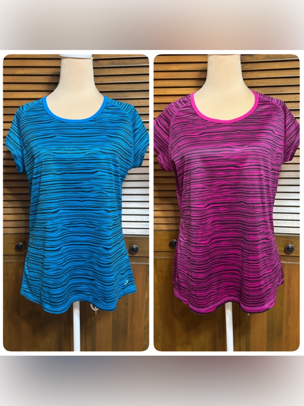 Qty 2 Champion DuoDry 1-Blue & 1-Magenta Striped Athletic Performance Top Size L